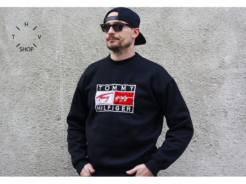 Vintage TOMMY HILFIGER sweater jumper sweatshirt black big logo 90s NOS NDS Medium Large , photo